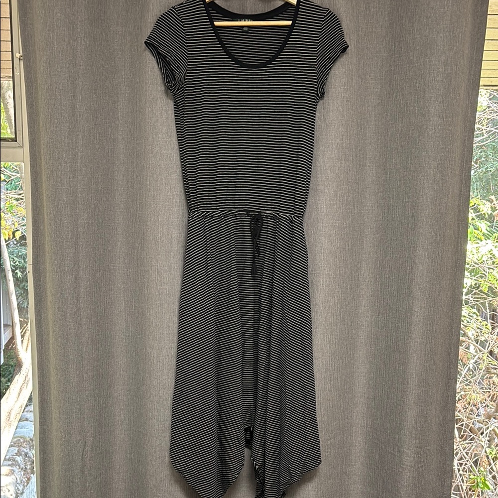 Ralph Lauren Black and White Thin Stripe Asymmetrical Sundress Cap Sleeve